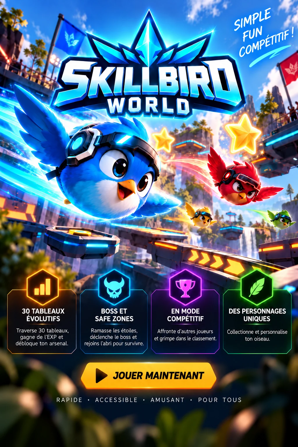 Affiche originale SkillBird – oiseaux colorés dans une arène aérienne